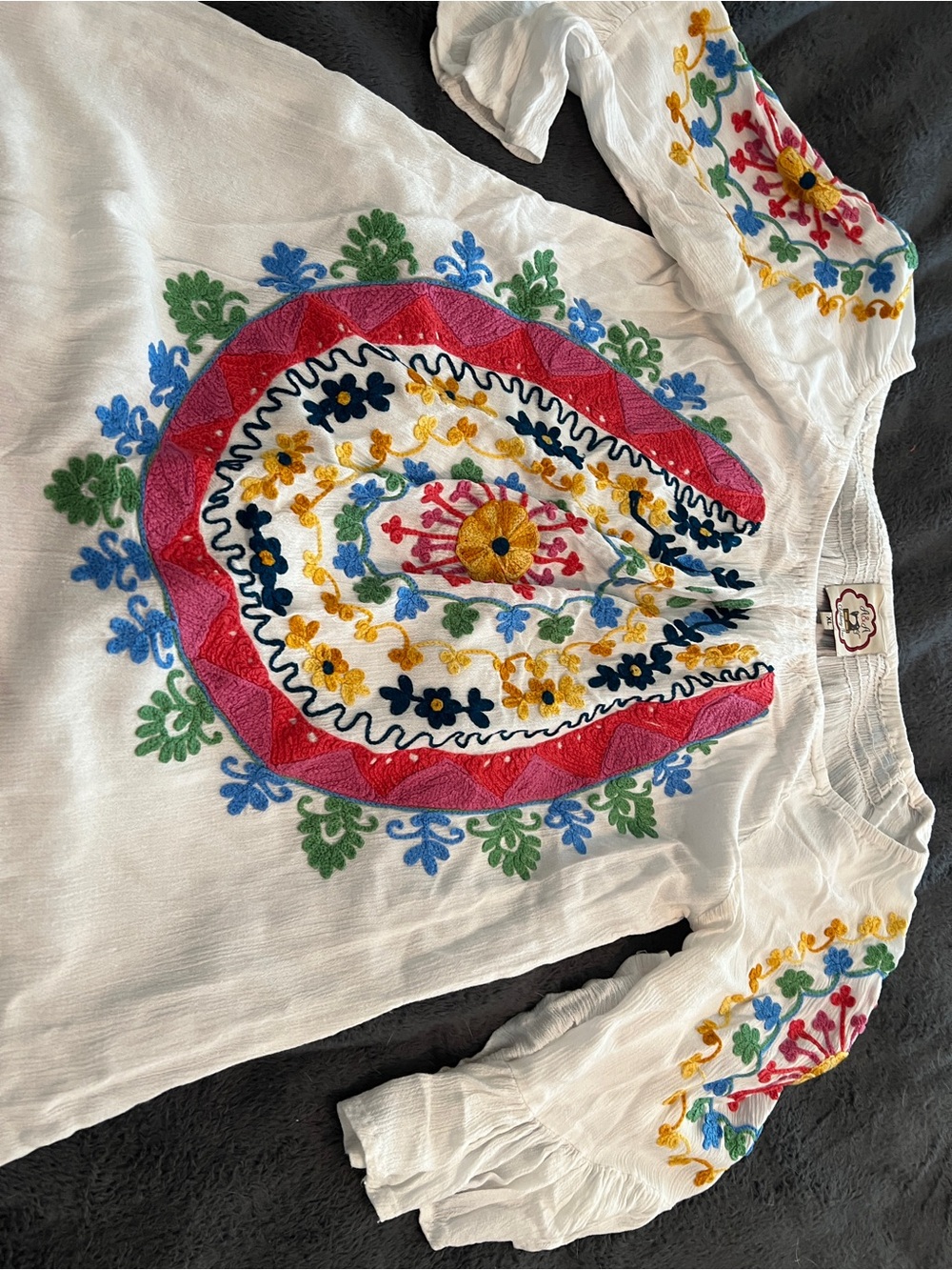White Embroidered Peasant Tunic — Pink & Multicolor Embroidered Floral Detail - Picture 3 of 4
